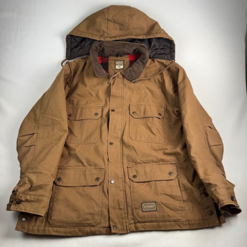 CE Schmidt Workwear Mens XL Brown Canvas Hooded Jacket Buffalo‎ Plaid Lined Coat
